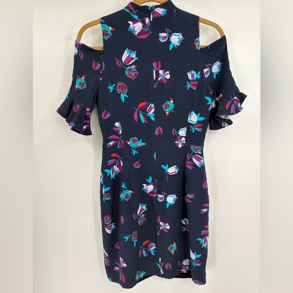 Rebecca Taylor Navy Blue Bellflower Floral Ruffle Cold Shoulder Sheath Dress 4 - Picture 14 of 15